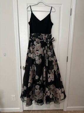 Eliza J Black Floral A-Line Dress with Bow Waist